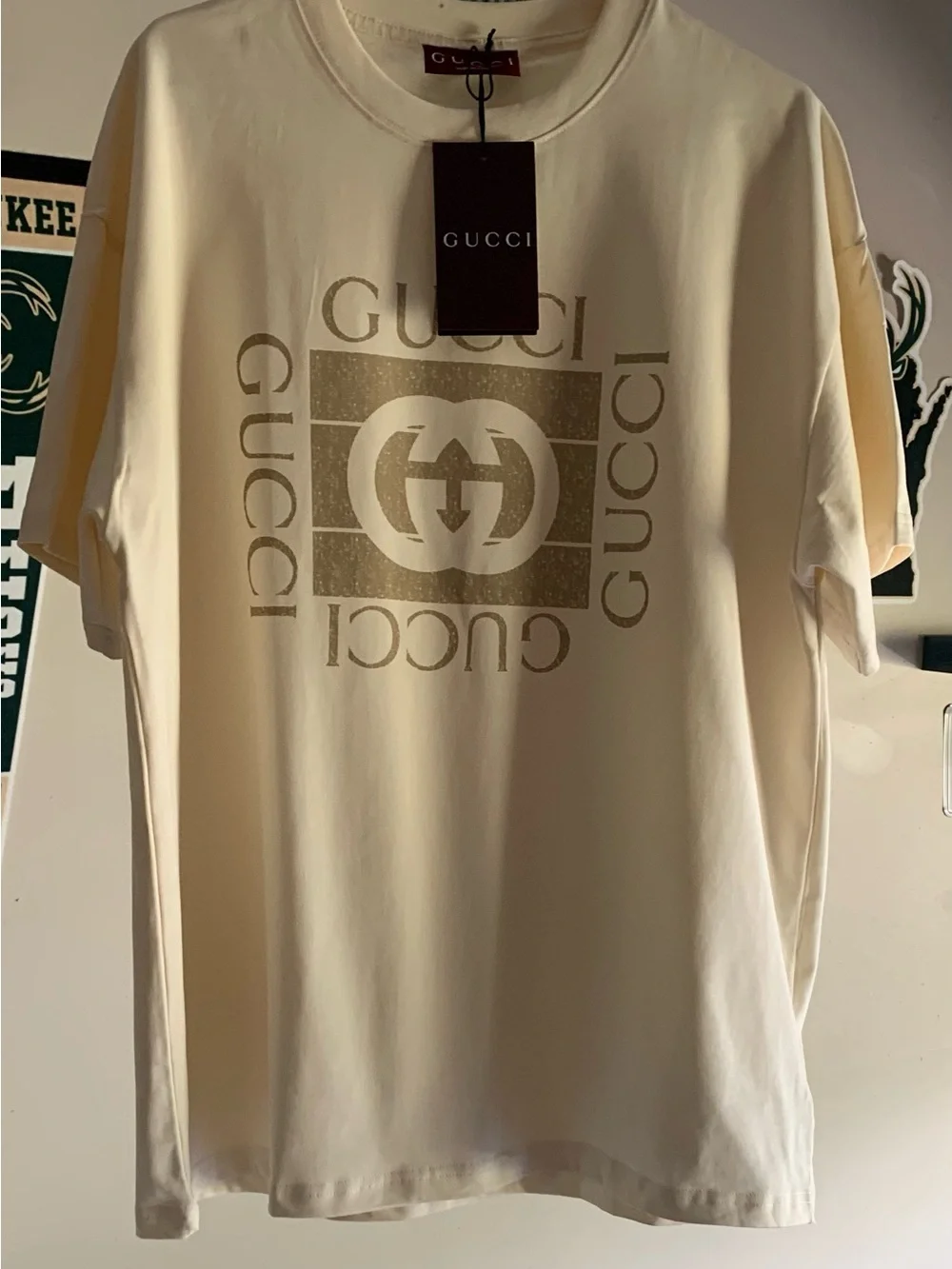 Gucci Cream Short Sleeve Logo T-Shirt with Metallic Print
